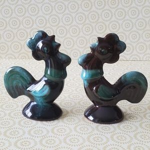 2 Blue Mountain Pottery Roosters Vintage Canada Green Drip Glaze EUC